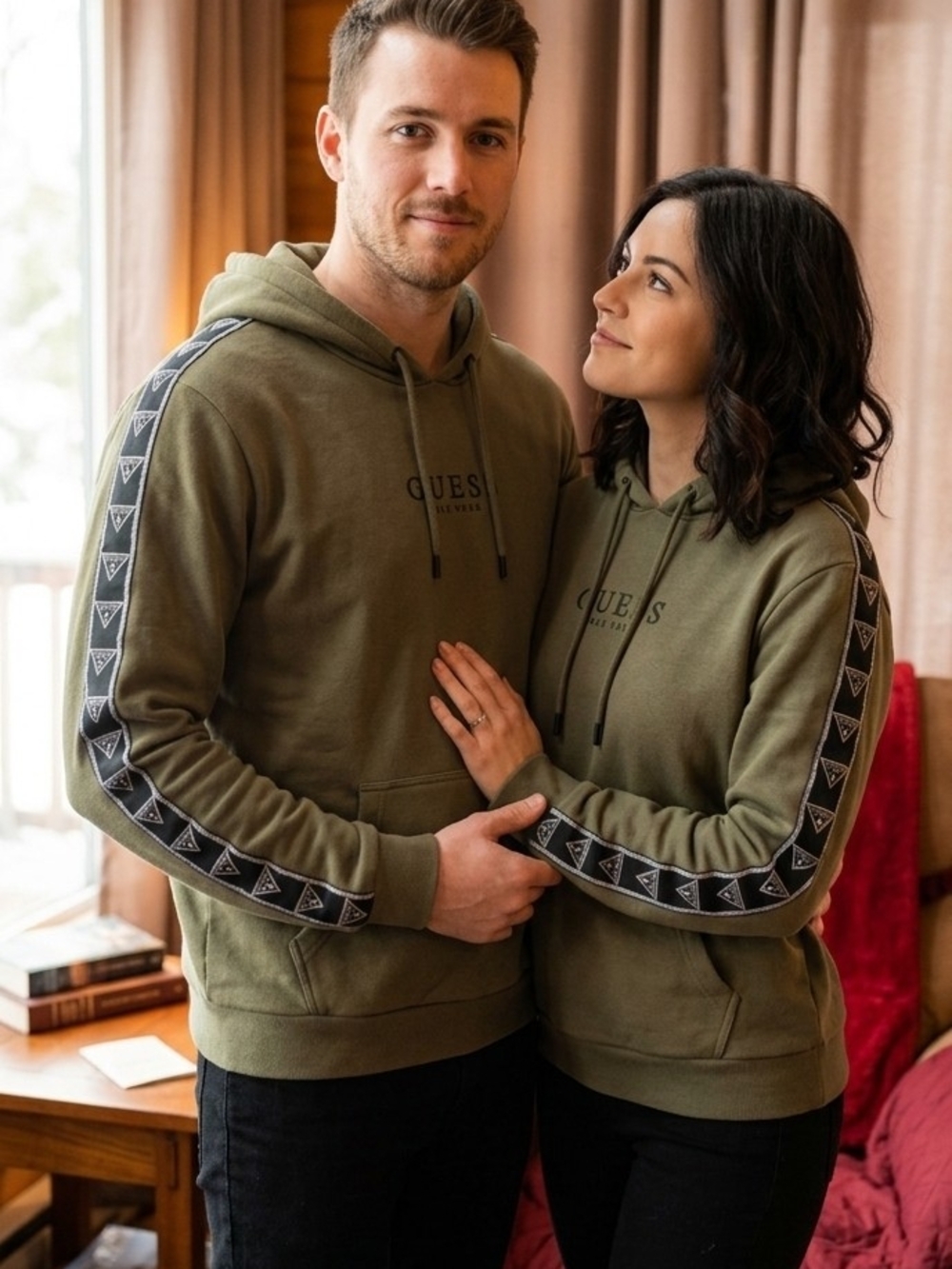 GUESS Olive Green Men's Hoodie with Logo Tape Sleeves
